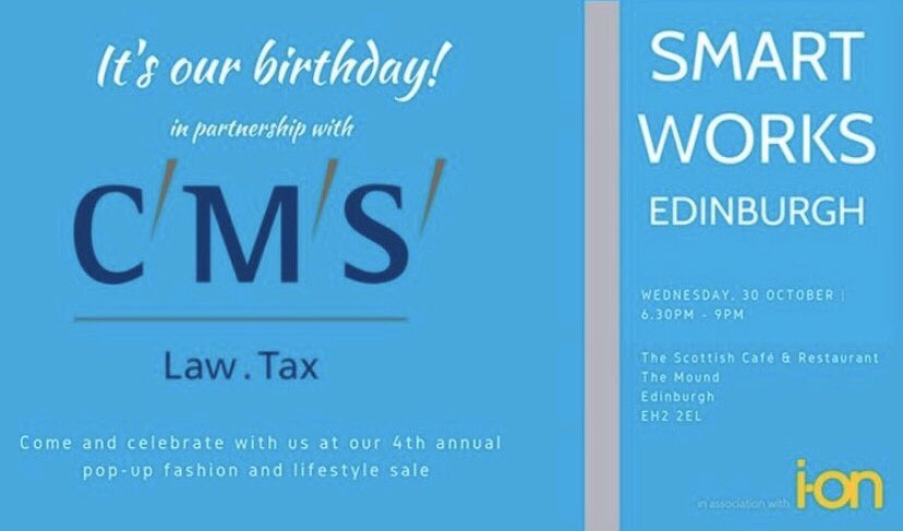 SmartWorksSCOT's tweet photo. We are so delighted to have @CMS_law supporting our fifth birthday party on October 30th - you can find tickets here: 
https://t.co/d5Qoz0qXj2 https://t.co/sreLyUIZYh