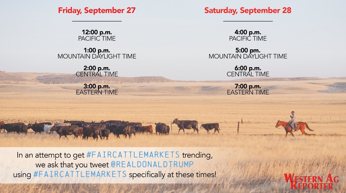 WesternAgReport's tweet photo. #FairCattleMarkets TWITTER STORM!🌪🌪🌪

We had 2 goals when we started this campaign:
• Get #FairCattleMarkets trending
• Bring #FairCattleMarkets to the attention of Washington officials.

If we all tweet at the same time, we will have a better chance of reaching our goals! https://t.co/BLvV9MEdUp