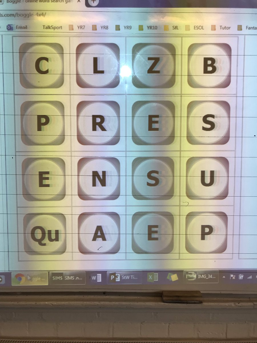 SibfordEnglish's tweet photo. YR7 Boggle Friday in Steve Ward’s English lesson. How many words can you find? #sibfordschool #sibfordenglish #bogglefriday https://t.co/BCrJQ1Hjk4