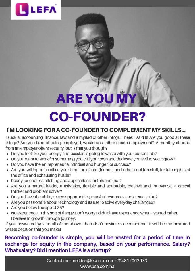 whereiskv's tweet photo. My friend Melkies is looking for a co-founder for his fast growing startup, Lefa. :) Great opportunity to work alongside someone shaping the startup ecosystem in Namibia 🙏🏾 https://t.co/1VcuHDobzw