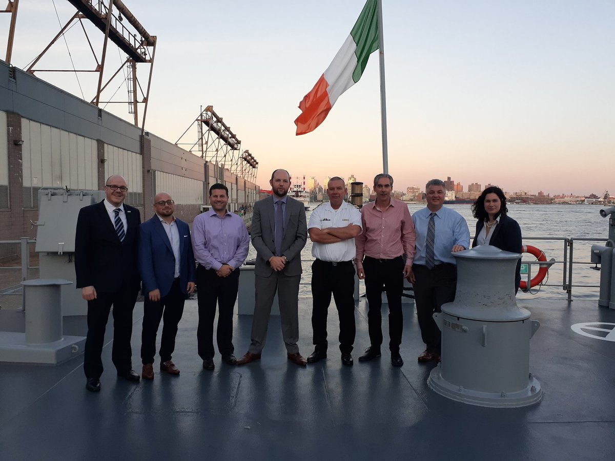 EI_MMannion's tweet photo. Looking toward the horizon onboard state of the art Irish Naval vessel LE Samuel Beckett docked in NYC as perfect backdrop for Irish Innovation to align. Appreciation to Lt.Cdr.Smyth and crew. #EnterpriseIreland #IrishInnovation #GoContractor #ConstructionUS #WelcomeToNewYork https://t.co/XmL2gSxjS3