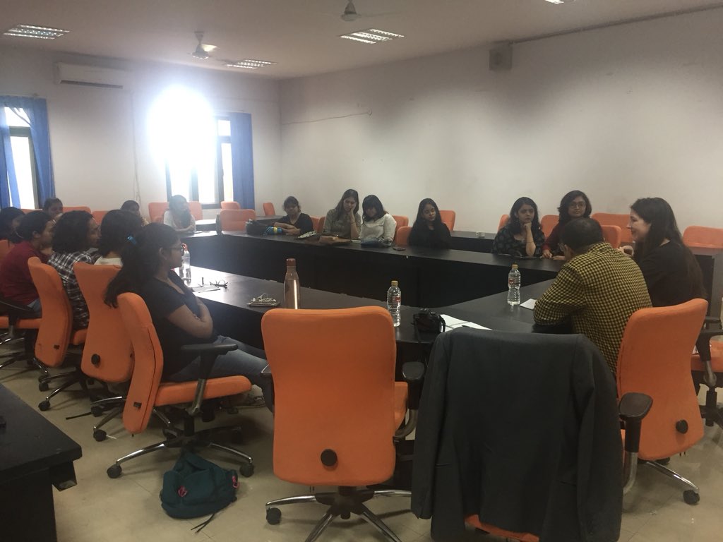 IrlEmbIndia's tweet photo. Ahead of #LongNight19 poet Aifric Mac Aodha had a lovely interaction with English Literature students in @JNU_IN hosted by @JnuDhananjay - lots of questions about the politics of language, translation and Irish language literature in Ireland https://t.co/xrgC1751rG