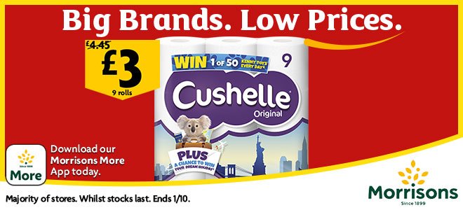 Morrisons's tweet image. We’ve got loads of Big Brands at Low Prices at Morrisons. Stock up on household essentials for less like a 9-roll pack of Cushelle for £3.
#householdessentials #stockup #cushelle po.st/MStoreFinder