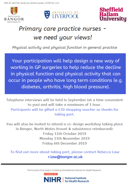 We are looking to involve practice nurses, GPs + other primary care health professionals in co-design workshops exploring what works (and what doesn't work) to promote physical activity for people with long-term conditions. Workshops are @SHSBangor, please email if interested!🙂