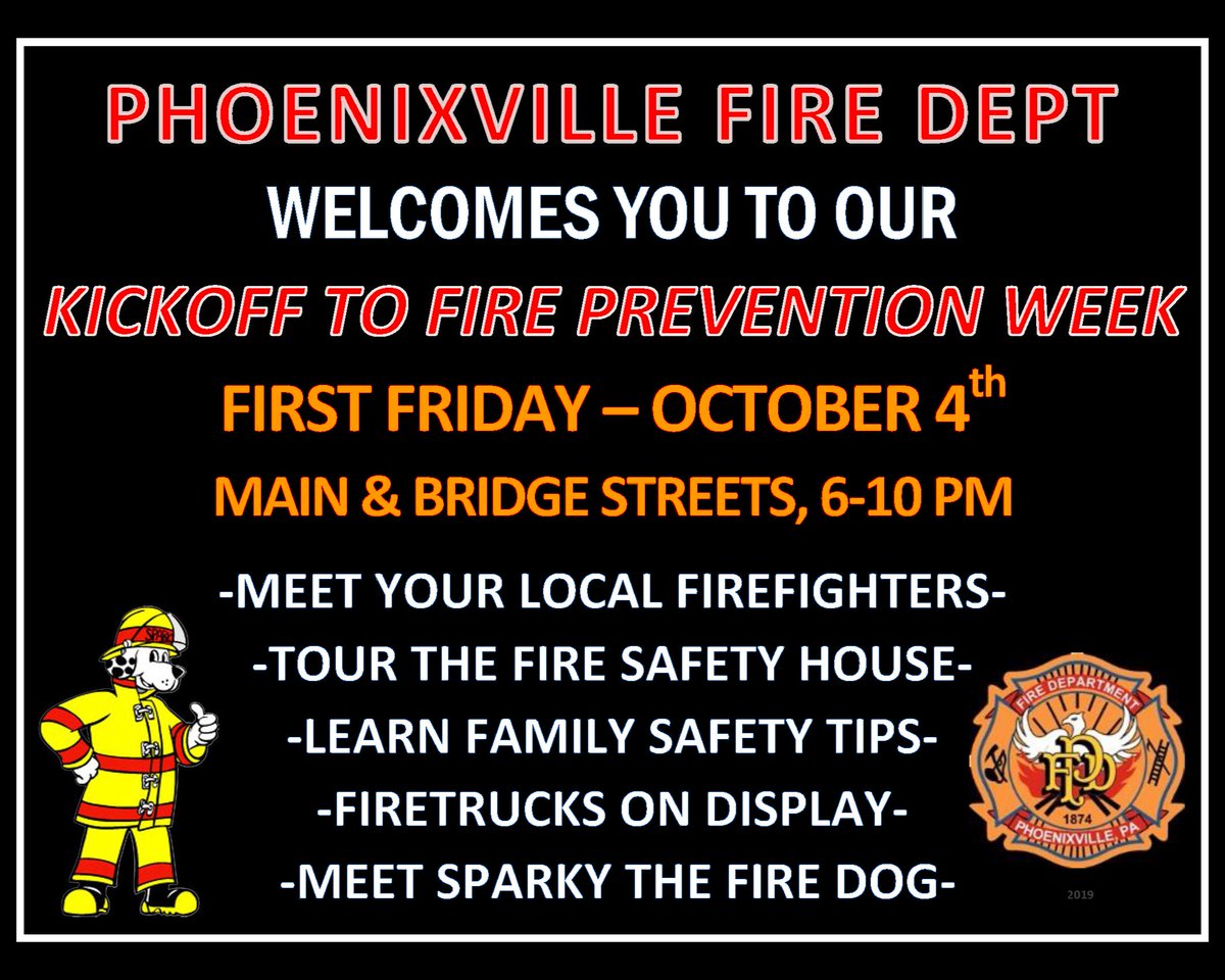 October's First Friday is going to be a fun one! We will be kicking off Fire Prevention Week with Phoenixville Fire Department in the Main and Bridge Street parking lot. Meet the your local firefighters, and enjoy all your other favorite First Friday activities!