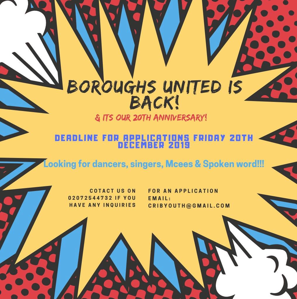 BOROUGHS UNITED IS BACK !
Looking for Dancers, Singers, Mcees &amp; Spoken world! 
RT &amp; Share Please!