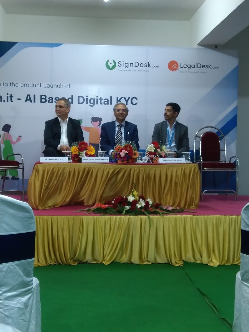 LegalDeskIndia's tweet photo. Our guest of honour Justice Ram Mohan Reddy (Retd.) and Mr Rajakumara PH GM and CTrO Head Office, @KarnatakaBank take the dais along with our founder @KrupeshBhat at the launch of #scanit - AI-based #DigitalKYC product

@India_Stack #DigitalIndia @Product_Nation @kadsur https://t.co/PplLRMakRE