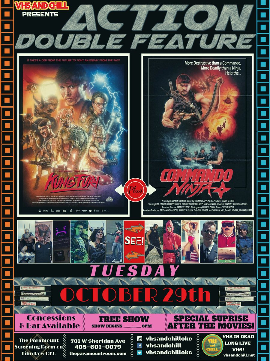 vhsandchillokc's tweet photo. So on Tues, Oct 29th 8pm @ParamountRoomOK we’re having a VHS ACTION DOUBLE FEATURE with ‘KUNG FURY’ &amp; ‘COMMANDO NINJA’! This is a FREE show and The Paramount Room has a bar &amp; concessions onsite!
📼
📼
📼
#vhsandchillokc #kungfury #commandoninja #vhsforever #rewindordie #retrokc https://t.co/sbZ3rQWkPB