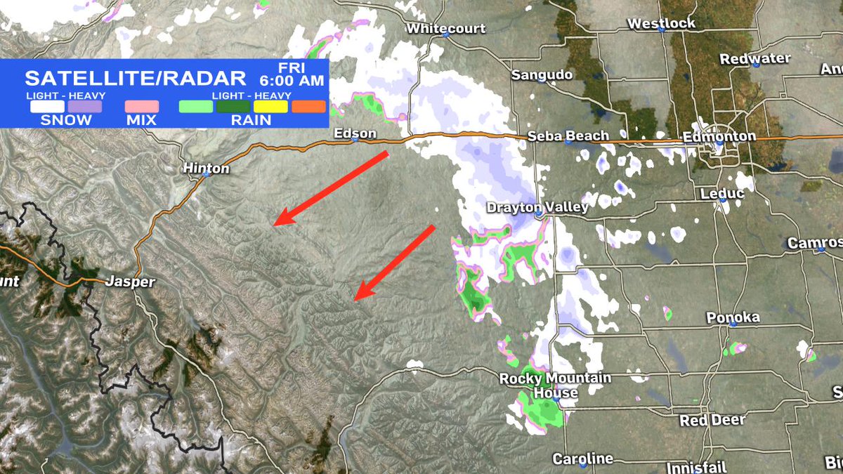 coryedelCTV's tweet photo. Snow west of #SebaBeach & #DraytonValley pulling SW. If you're heading south or to the mountain parks, keep an eye on the weather & road conditions, could deteriorate later today into tomorrow https://t.co/snDN3rzSqs #abstorm https://t.co/UCQRbNkKc5