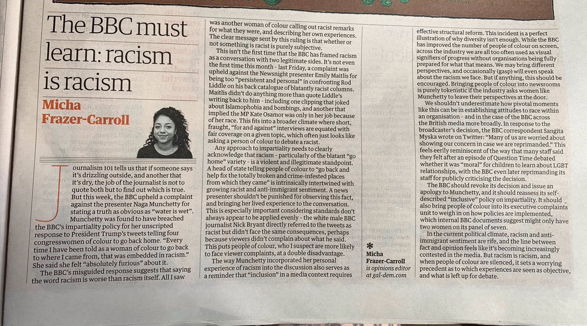I’m in the Guardian print today, writing on the BBC’s deeply misguided decision on Naga Munchetty. You can also read the piece here: theguardian.com/commentisfree/… #IStandWithNaga