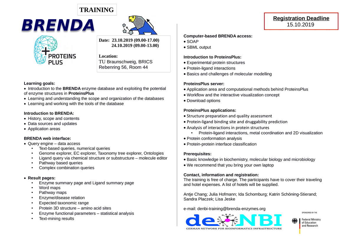 denbiOffice's tweet photo. The @denbi #service with the largest crowd of users (>100.000 per month) will provide a #training course in October together with #BioData Hamburg: Introduction to @BRENDA_Enzymes and #ProteinPlus. More details see: https://t.co/NU3fKWC5k9 https://t.co/mUmdNgRnay