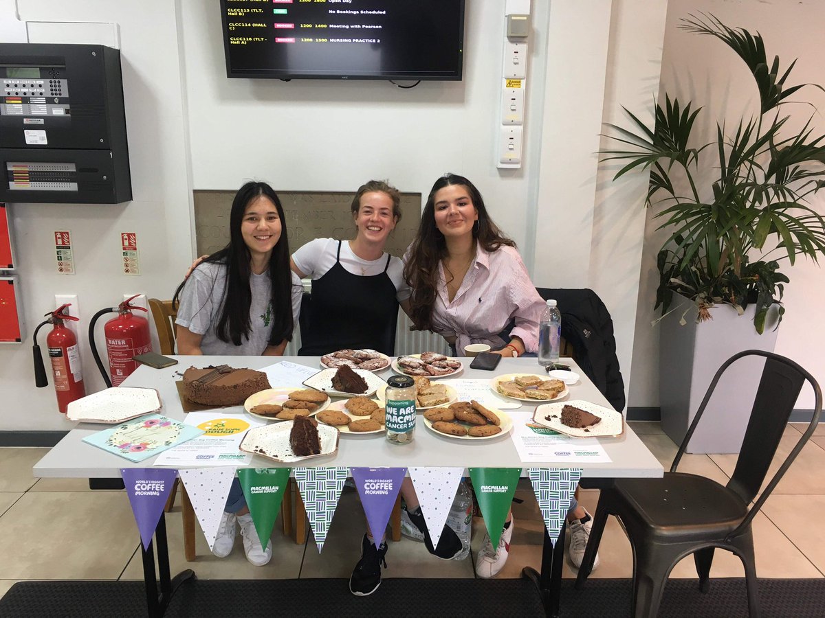 nuphysiosoc's tweet photo. Some of our Year 3โs this morning supporting the McMillan Cancer fund Coffee morning! Great support shown by those at Coach Lane Campus, many thanks for you generous donations!!๐ง๐ฐ๐๐ #NUphysio #mcmillancoffeemorning @NorthumbriaSU https://t.co/2HiauK9AwG