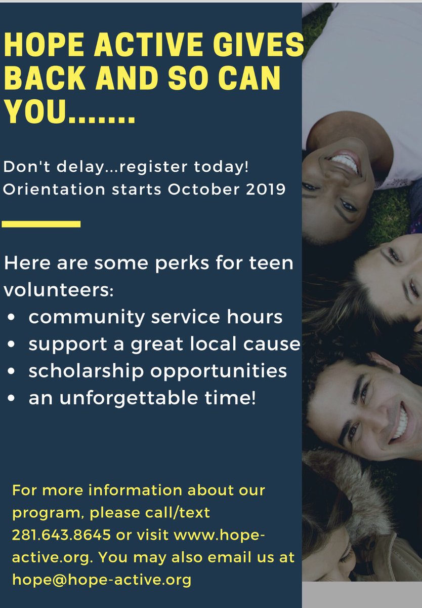 hope_active's tweet photo. Launching our teen volunteer program! Great opportunity for teens to earn 40+ community service hours before the end of the year. RT this so all your friends know. #hopeactive #beabridge https://t.co/RoWrOEkV0l
