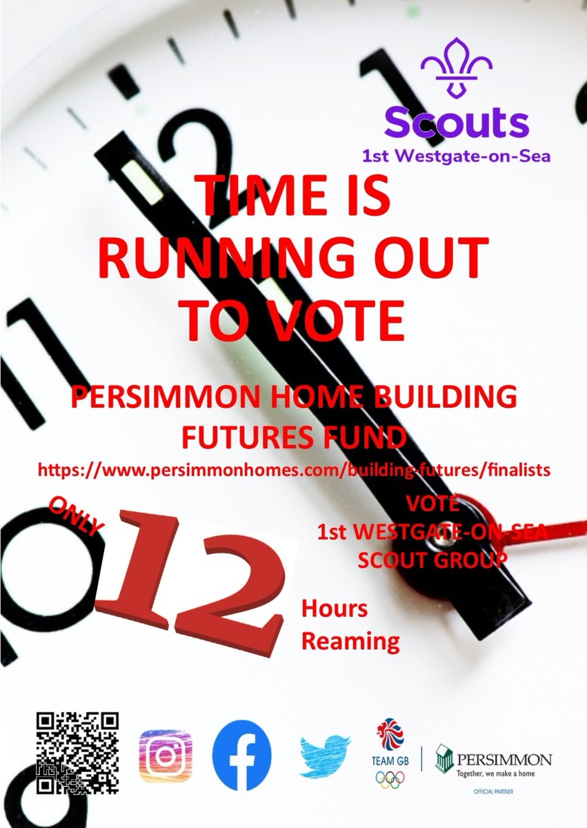 Las hours to VOTE 1st WESTGATE-ON-SEA SCOUT GROUP
in the <a href="/PersimmonHomes/">persimmonhomes</a> Building Futures fund! please Vote and share through as many IP addresses as you can.
persimmonhomes.com/building-futur…

<a href="/NiallScouts/">Niall</a> <a href="/samtaylor1966/">Sam Taylor</a> @TimothyKidd <a href="/Kentscouts/">Kent Scouts</a> <a href="/CCKentScouts/">Dean Harding</a> <a href="/ThanetScouts/">Thanet Scouts</a> <a href="/KentCubScouts/">Kent Cub Scouts</a>
