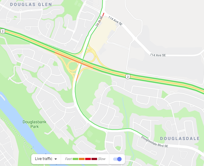 NewsRadioCGY's tweet photo. #yyctraffic #ABRoads  Some pallets hit the deck on Deerfoot at Douglasdale/24th Street SE. 
Crews have SB RHL's blocked while they get the wood off the road. #DangerousDebrisOnDeerfoot https://t.co/mMPUdVBOw0
