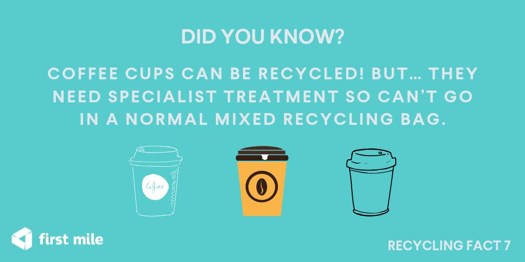 firstmile's tweet image. In honour of #RecycleWeek here is our 7th recycling tip! 💡We collect and recycle coffee cups by separating paper and plastic and giving each material a new life.
They’re turned into shopping bags, notebooks and cardboard ♻️#RecycleWeek2019