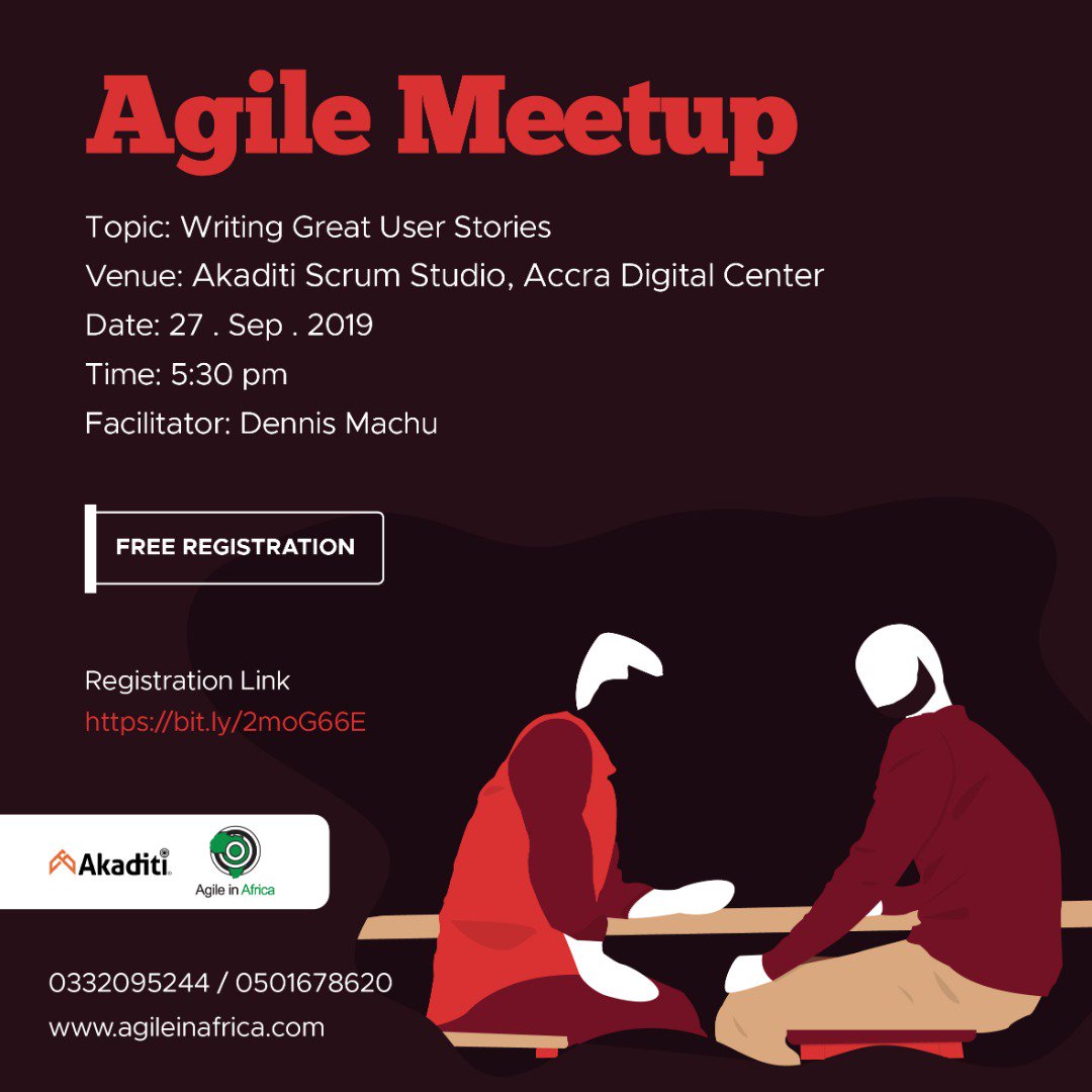 Dennis_Machu's tweet photo. 2/4. 
Join me today (27 Sep 2019) at the Agile Meetup inside Akaditi Scrum Studio, Accra Digital Center as I take you through an interactive session on Writing Great User Stories.

#userstory #UserExperience #agile #beAgile #nvng #wonchunii #agripool #meetup https://t.co/XtEl44rbFT