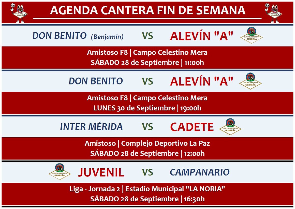 CPGuarena's tweet photo. Buenas Tardes Familia 😀

ESTOS SERÁN LOS PARTIDOS QUE DISPUTARÁN NUESTRAS CATEGORÍAS INFERIORES DURANTE EL FIN DE SEMANA.

Suerte a todos ... AUPA GUAREÑA !!! 🔵🔴⚽ https://t.co/otHQiokqrz