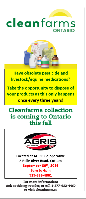 AGRIS Cottam along with Clean Farms Ontario is participating in an Obsolete Pesticide &amp; Livestock medication drop off Monday September 30th  9am-4pm 
Call 519-839-4861 for more information.