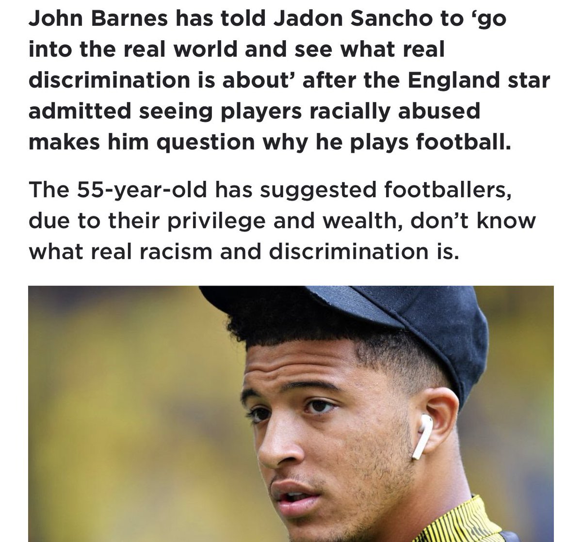Jadon Sancho speaks out against racism. Not a living soul: John Barnes: