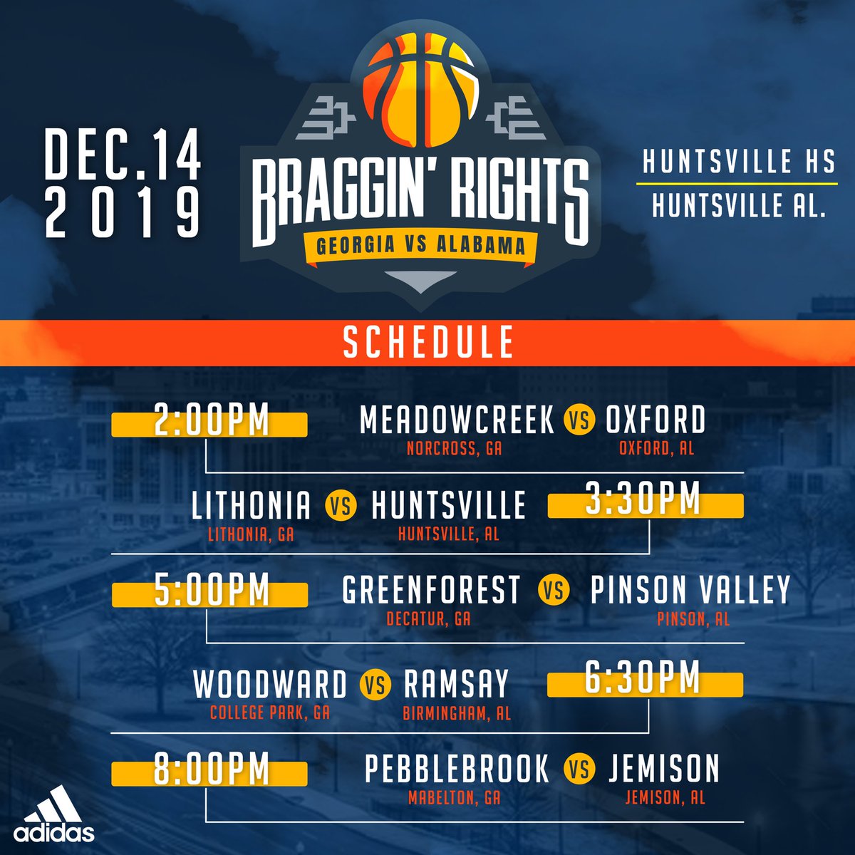 PlayforOrange's tweet photo. The 2nd Annual Braggin Rights
GA vs AL
📍Huntsville, AL
📍Huntsville HS
🗓12.14 
🎥 @SUVtv 
🏀 @adidasHoops /// https://t.co/4yR8IzSAMH