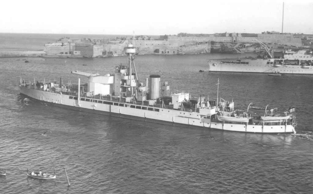 On the outbreak of WW2 HMS Terror was serving as Base Ship at Singapore, however she received orders to England in 1940 but after going through Suez reported to the Mediterranean Fleet.Her Anti Aircraft Guns were used in the siege of Malta which she did for most of the year./9