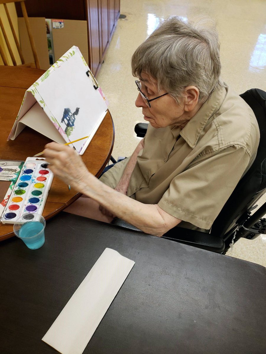 EncoreRehab's tweet photo. Joanne decided painting would be part of her OT session today. She is a well-known local artist and currently displays many of her paintings in her room. This is the first time she has picked up a paintbrush in over 18 months. #EncoreProud #ReturnToSelf #FUNinFunction #Happytear https://t.co/KJHRLd6DJ1
