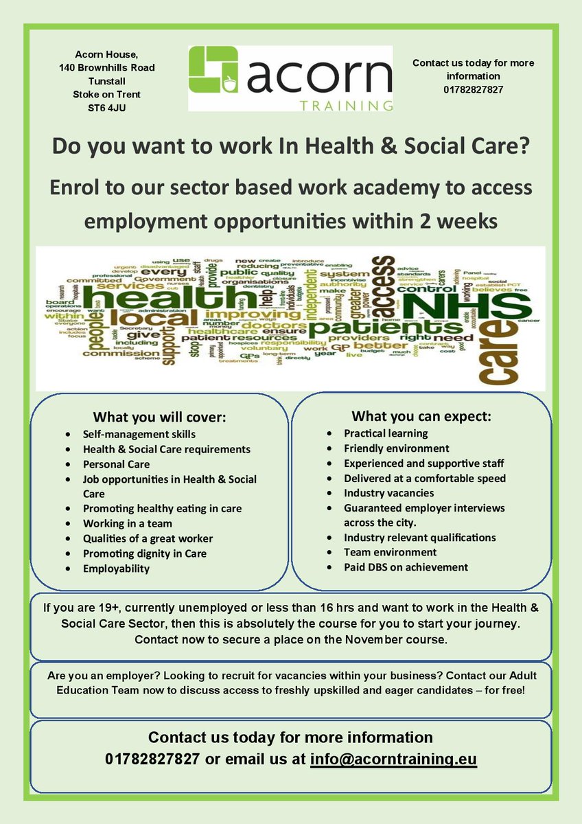 Are you looking for a job in care? 
Full time or part time?
Community OR Residential?
Contact us now!
#GuaranteedInterviews #HealthandSocialCare #StokeonTrentJobs #JCP #EmploymentSupport