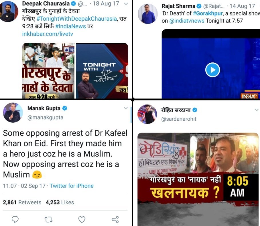 imMAK02's tweet photo. This is reality of India's Modia. This is how they demonize Dr Kafeel.

1 @DChaurasia2312 called him "Gunaho ke Devta"

2. @RajatSharmaLive called him Dr Death

3. @manakgupta attack his muslim identity

4. @sardanarohit called him a Villain. 

Will they apologize to him?? https://t.co/2Jse7E7RoE
