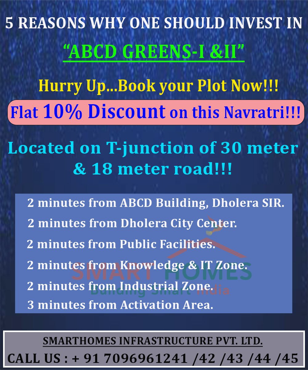 DSCPhase3's tweet photo. “A Project by SmartHomes Infrastructure Pvt. Ltd.”

Residential/Commercial plots in TP2 (west) Dholera SIR!!!

Special Offer : 10% #DISCOUNT on this Navratri!!!

For more information, please visit us @https://www.smart-homes.in/Or Contact Us On : 7096961244

#TP2DHOLERASIR https://t.co/7UCJBKhzYz