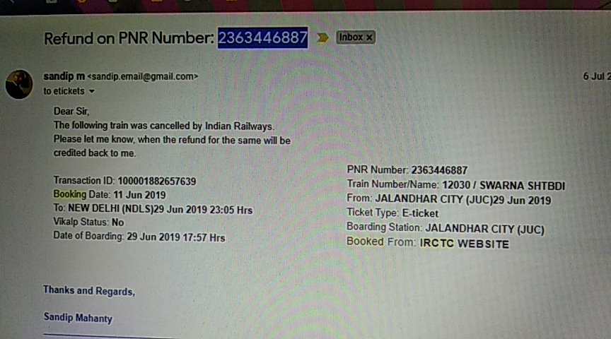 sandmonty's tweet photo. @IRCTCofficial 
PNR 2363446887
The train never touched Jalandhar,
Huge inconvenience,
Refund never credited.
9 mails Exchanged since.
Please revert.
Thanks. https://t.co/RoS4sjbdPO