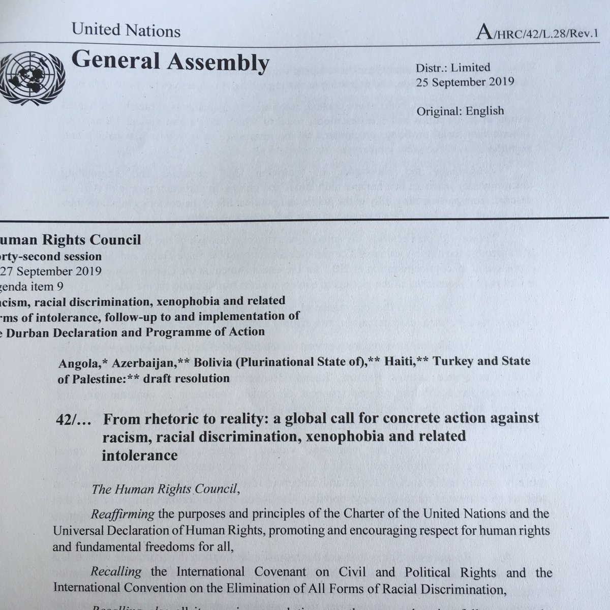 #HRC42 Council adopts w/o a vote res. on a global call for concrete action against #racism, #racial #discrimination, #xenophobia &amp; related #intolerance. It is alarmed at their resurgent violent manifestations precipitated by scientifically false, morally condemnable, socially...