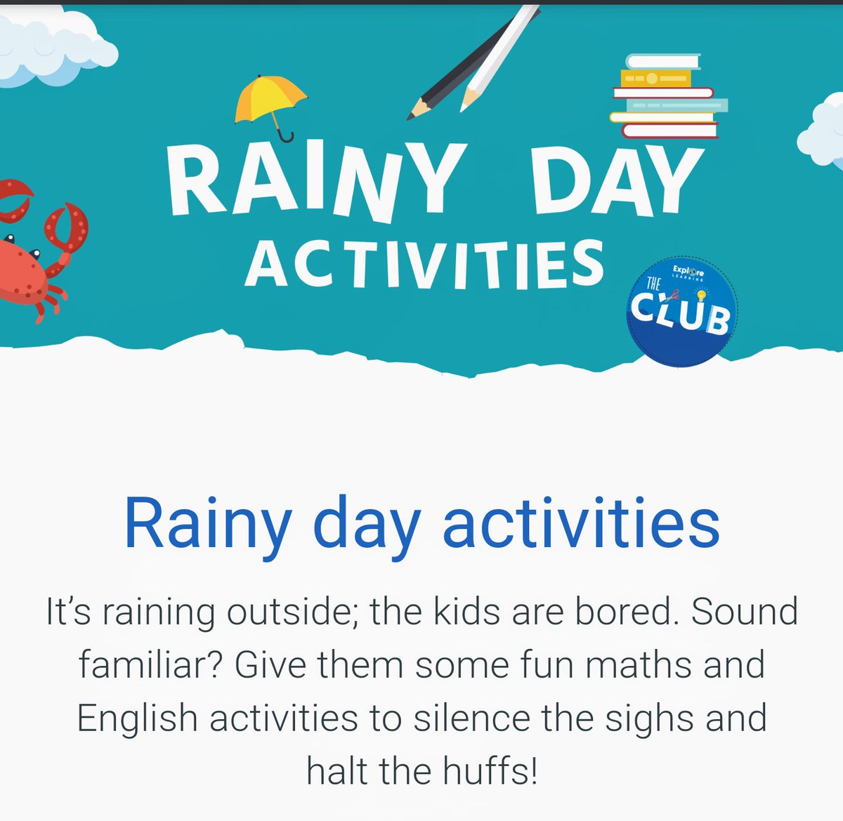 👀 We're in for a rainy weekend here in #birmingham and the #blackcountry ☔
📲  why not head over to #theclub and download some of <a href="/exploretutors/">Explore Learning</a> fun rainy day activities to keep your kids entertained this weekend 🌎💡📚 ✏️ explorelearning.co.uk/the-club/rainy…