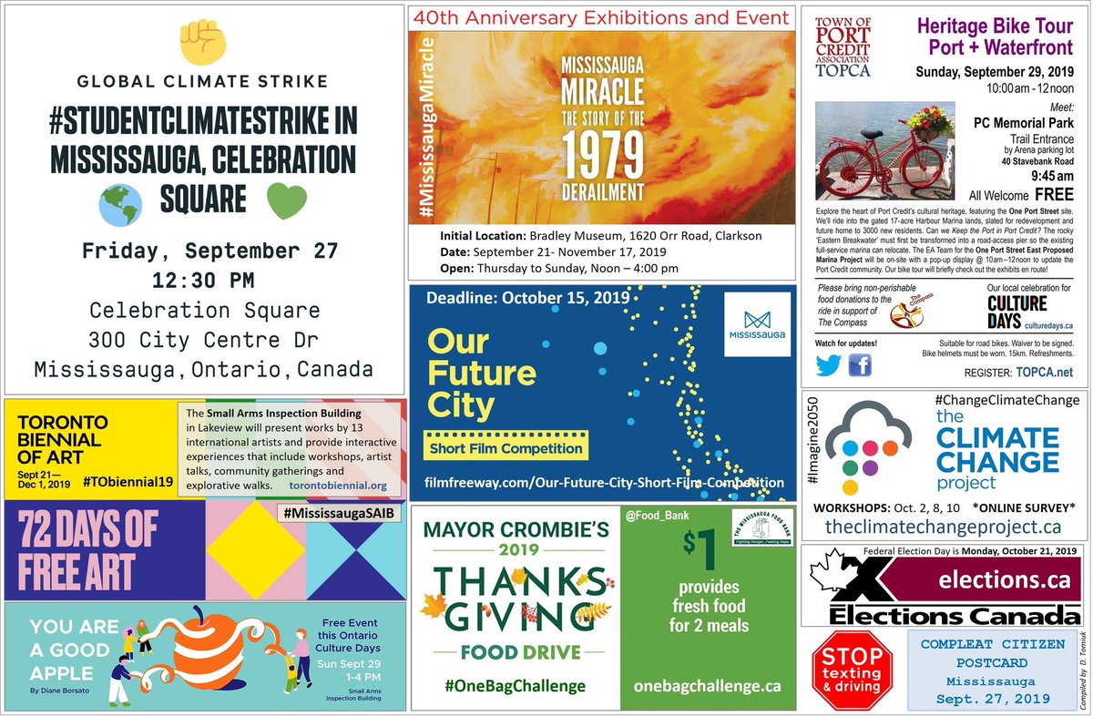 Mississauga_Cal's tweet photo. COMMUNITY CALENDAR: Compleat Citizen Postcard (sent Sept 27, 2019). Events for #Mississauga + Villages ✊🌎💚🎨🏭🍎🌳🚲🌊🎥🏢💥🚂🔥🍽🛍🦃🗳 📅📌 Check *tagged* accounts (below image) for more info. 🔎 ZOOM: https://t.co/6x4NImPRVk https://t.co/BuFxELg829