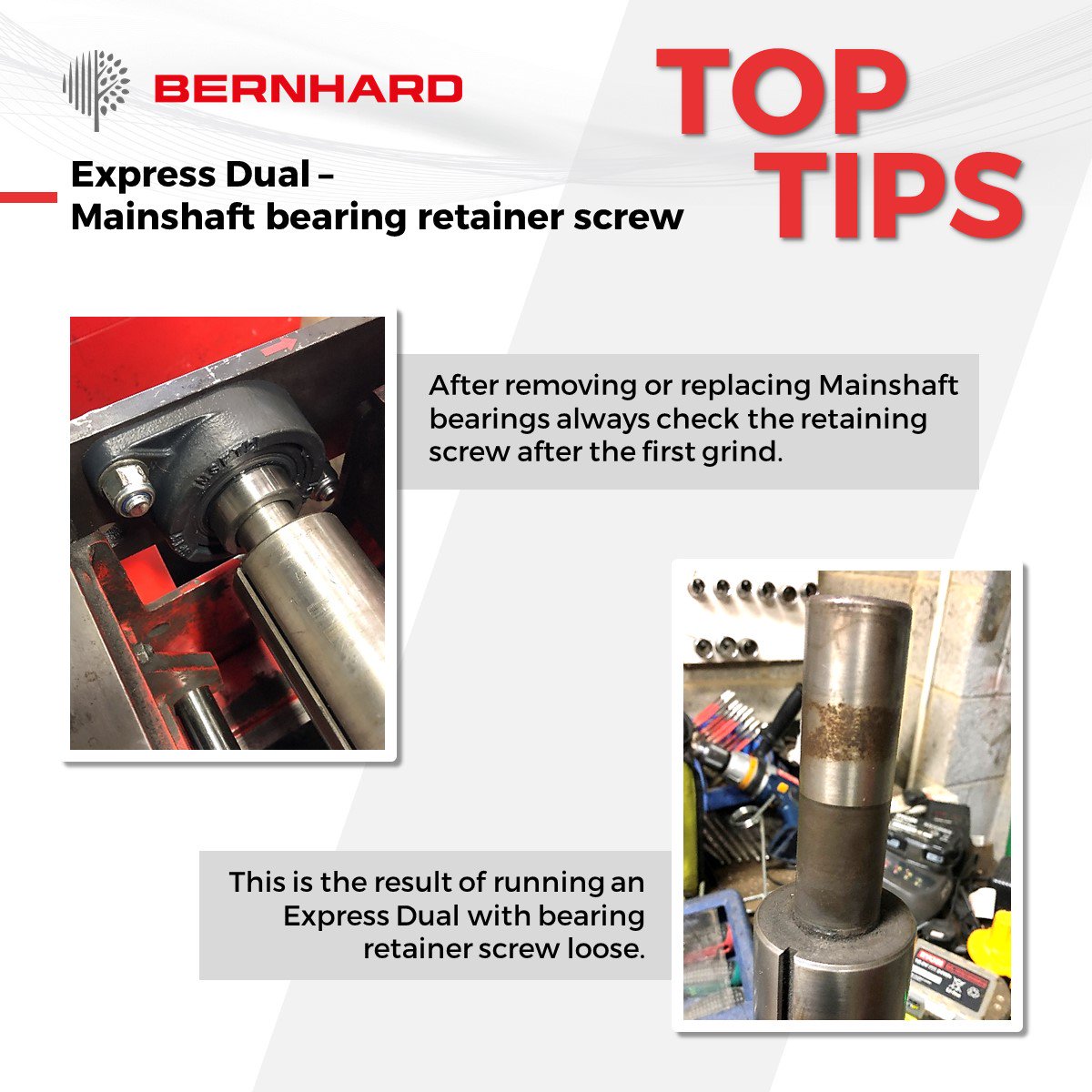 BernhardCompany's tweet image. #TopTips Always check the retaining screw after removing or replacing the Mainshaft bearings #sharpeningsolutions