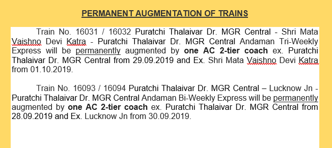 GMSRailway's tweet photo. Permanent Augmentation of Trains  @DrmChennai https://t.co/96mQUPMbPd