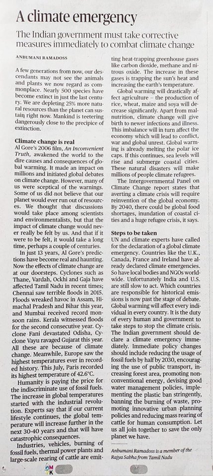 ClimateEmergTN's tweet photo. #India Dr Anbumani Ramadoss MP's Article on #ClimateEmergency in The Hindu Newspaper today https://t.co/bOSlHWajnR

#GlobalClimateStrike #ClimateAction #ClimateCrisis #ClimateChange  #FridaysForFuture #ClimateStrikes  #UNClimateActionSummit #Thunberg #GretaThurnberg #GreenNewDeal https://t.co/hfFb4PoY2r