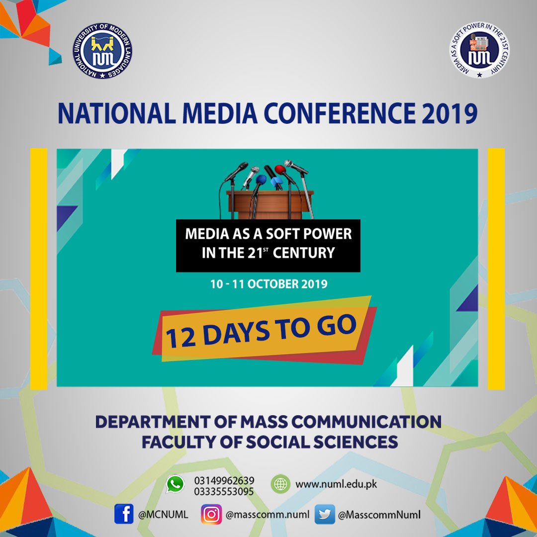 MasscommNuml's tweet photo. 12 Days To Go!
Numl's Department of Mass Communication presents you National Media Confrence 2019

#numl #masscomm #mediastudies #socialsciences #conference #softpower #Peace https://t.co/q4mFJHDp6u