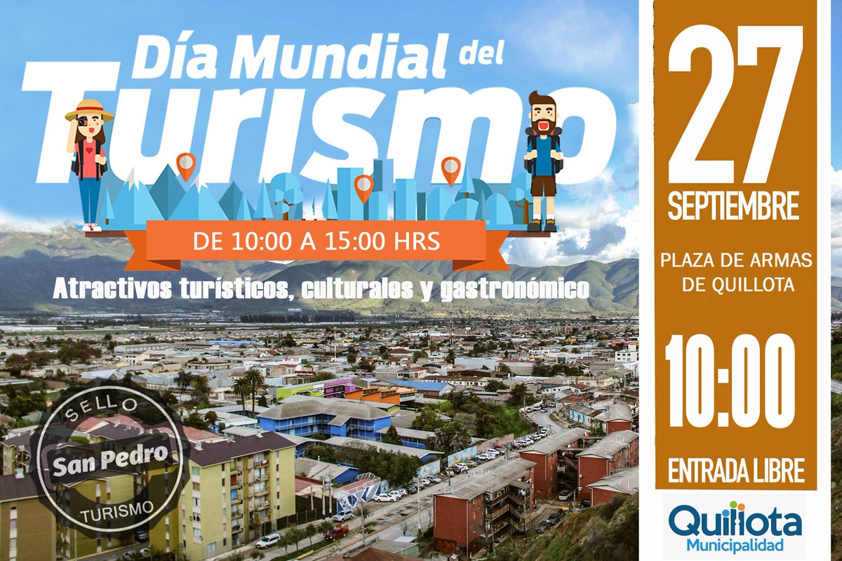 muniquillota's tweet photo. #ATENCION 🗣 | Celebración Día Mundial del Turismo en #Quillota ‼️‼️‼️

Hoy viernes 27 de septiembre desde las 10:00 hrs podrás disfrutar de la oferta turística local en una exposición en Plaza de Armas de Quillota.

#YoElijoQuillotaFeliz https://t.co/Cb2tPejduk