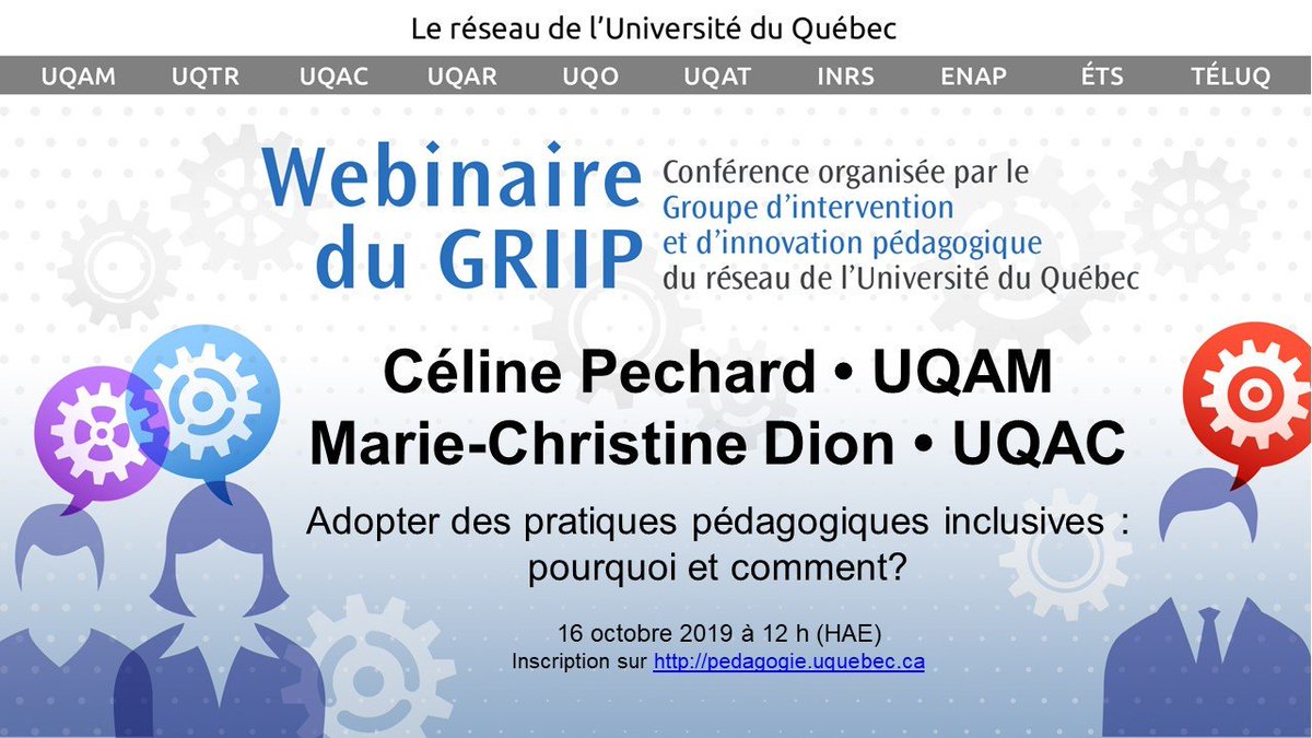 Prochain webinaire du GRIIP - 16 octobre 2019 (12h [HAE]) 👩‍💻▶️

Adopter des pratiques pédagogiques inclusives : pourquoi et comment? 

Conférencières : Céline Pechard (UQAM) et Marie-Christine Dion (UQAC)

Pour vous inscrire : pedagogie.uquebec.ca/portail/repert…