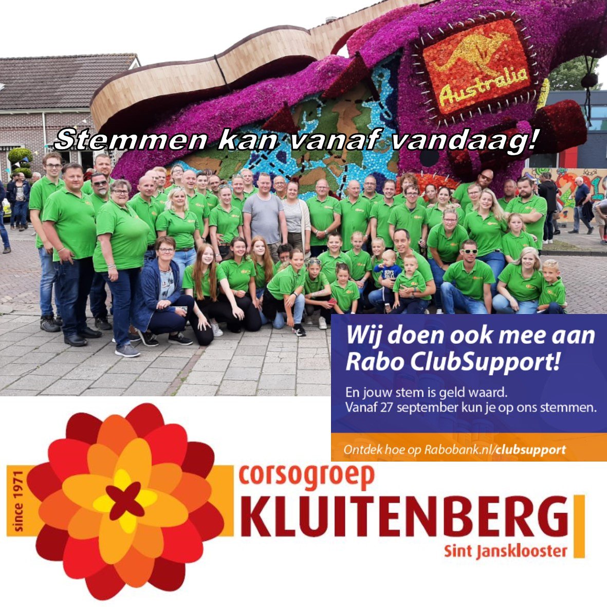 Wij bouwen volgend jaar onze 50e wagen!
Met Rabo ClubSupport én uw stem, maken wij kans op een mooi geldbedrag voor onze corsogroep. Stemmen kan vanaf vandaag!
#RaboClubSupport #kluit50
#Samenvierenwedewinst #rabobankmeppelsteenwijk