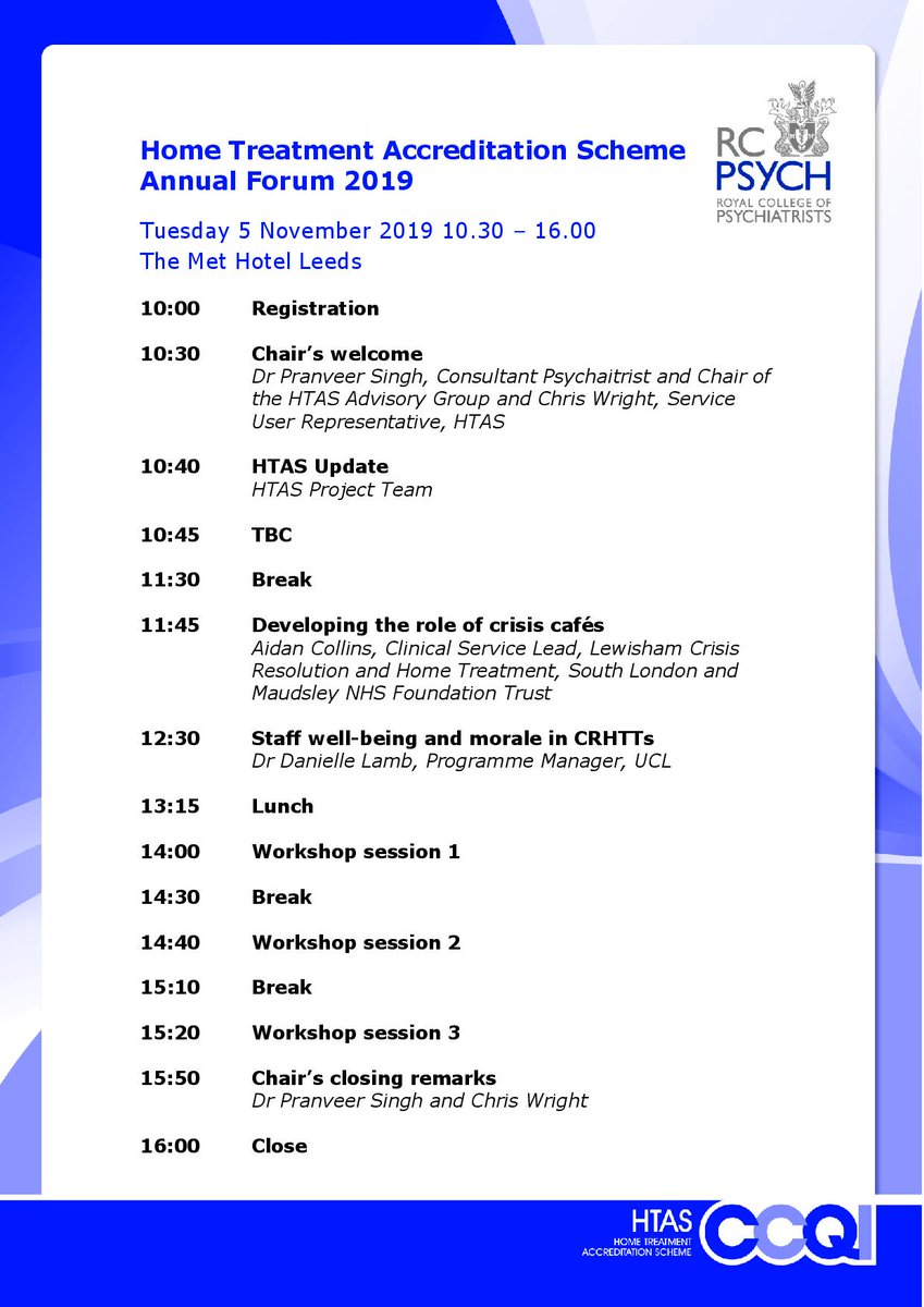 rcpsychCCQI's tweet photo. Jam-packed programme for the annual #HTAS forum!
The event is for staff working in Home Treatment and Crisis teams and will take place on 5th November at the Met Hotel in Leeds.
Book your place here: https://t.co/brLQhySWlI
#HTASForum @a_baugh @eve_blanchard1 https://t.co/FC1GmSNcsi