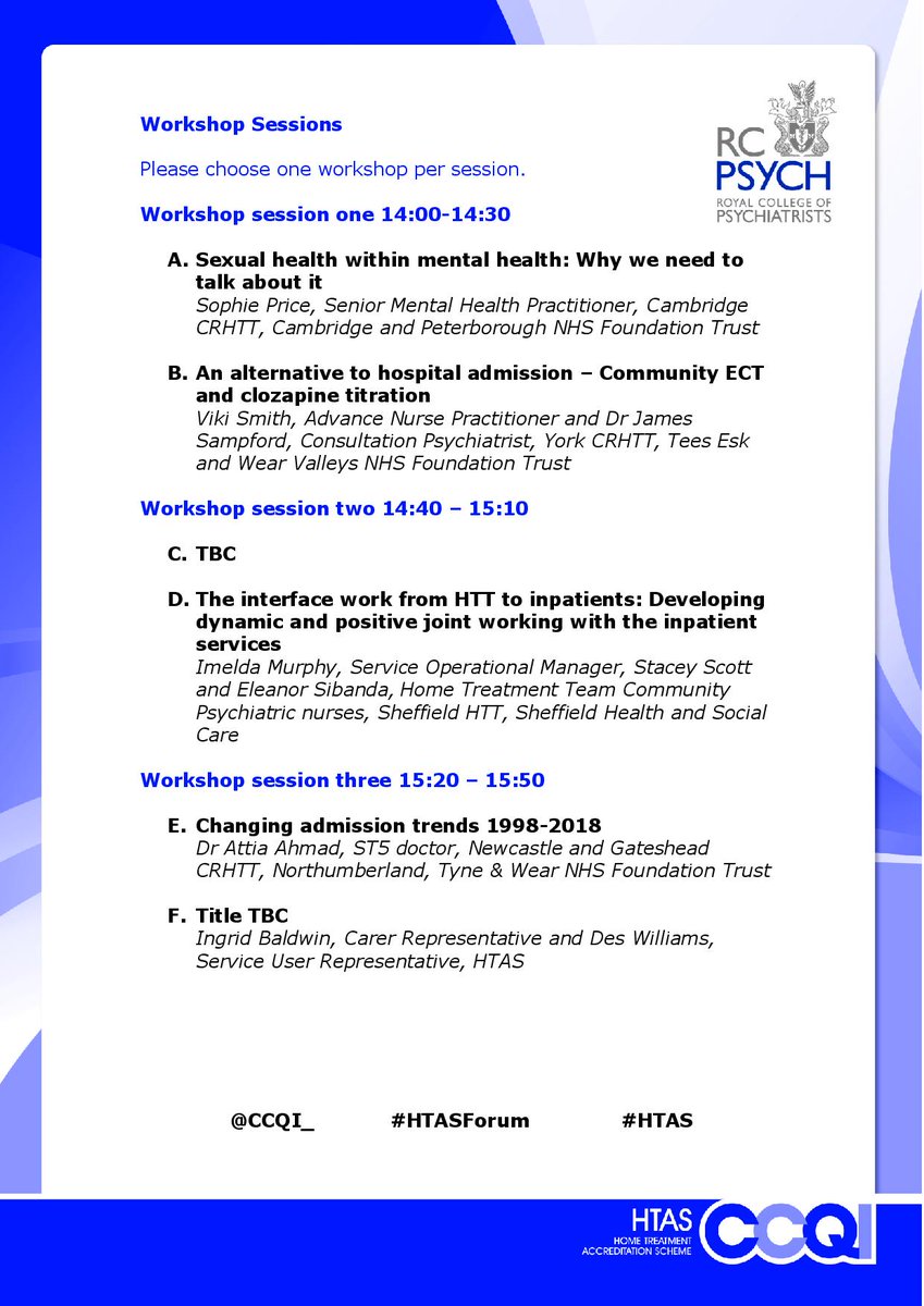 rcpsychCCQI's tweet photo. Jam-packed programme for the annual #HTAS forum!
The event is for staff working in Home Treatment and Crisis teams and will take place on 5th November at the Met Hotel in Leeds.
Book your place here: https://t.co/brLQhySWlI
#HTASForum @a_baugh @eve_blanchard1 https://t.co/FC1GmSNcsi