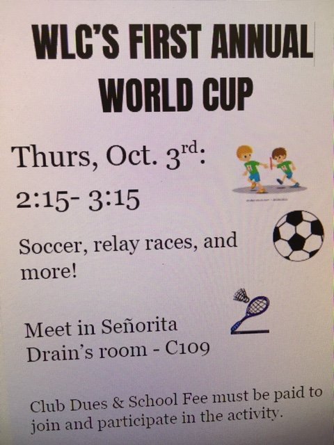 SrtaDrain's tweet photo. WORLD LANGUAGE CLUB is holding their 1st Annual WORLD CUP after school on Thurs. 10/3! Come help us start a new fun tradition! See Ms. Drain, Mrs. Butler, or a WLC officer with questions, &amp; hope to see you there! #THSWLC @theTwinsburgHS @SraB_THS @TwinsburgTigers https://t.co/zgGykl4g1f