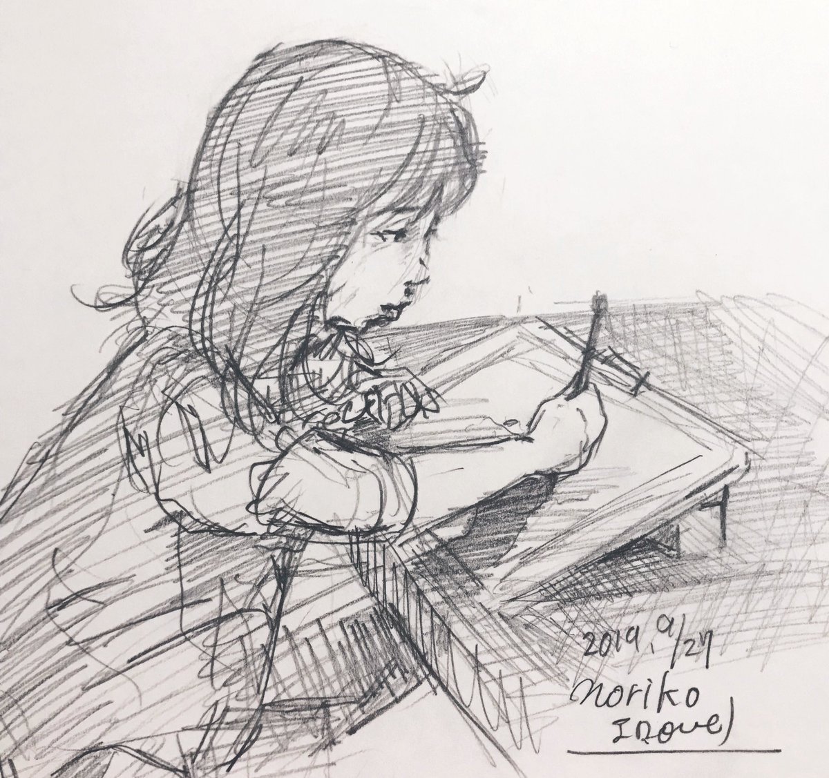 私の隣で絵を描く娘を
描いた。

#イノウエノリコの絵

#アナログ画
#イラスト #絵 #アナログ絵
#絵師 #らくがき

#art #鉛筆画
#イラスト好きと繋がりたい
#私の絵柄が好みって人にフォローされたい

#おやすみ 
