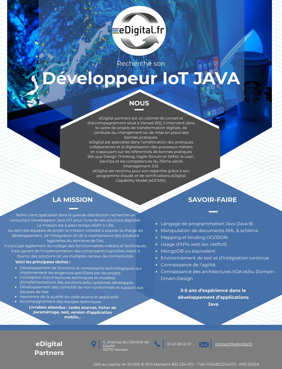 eDigital_fr's tweet photo. Nous recherchons : un développeur #Python, un développeur #IOT #JAVA et un Consultant #Cloud 
Nombreux avantages 
#JOB #Scrum #MigrationCloud #DevOps #JavaScript #Django #Java8 https://t.co/2nSR4LBBmX