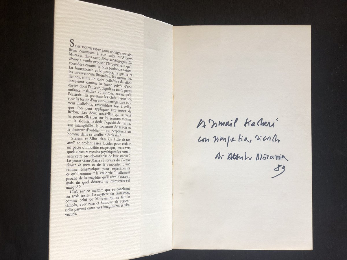 📕🗓Today we commemorate the outstanding writer #AlbertoMoravia by sharing his dedication to Ismail Kadare in the book 'Brève autobiographie littèraire et autres nouvelles'. To discover more on the relationship of #Kadare with #Moravia come and visit us.