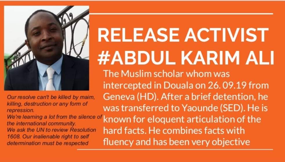NALOWA1's tweet photo. Lawyers from #Cameroon have confirmed that the Activist &amp; Muslim Scholar Mr. Abdul Karim is in #Cameroun's detention center #SED where he is being tortured for telling the world abt the #HumanRightsViolations &amp; the flaws in the #MonthEndDialogue #FreeAbdulKarim @hrw @AmnestyWARO https://t.co/PVBnHOEc9O
