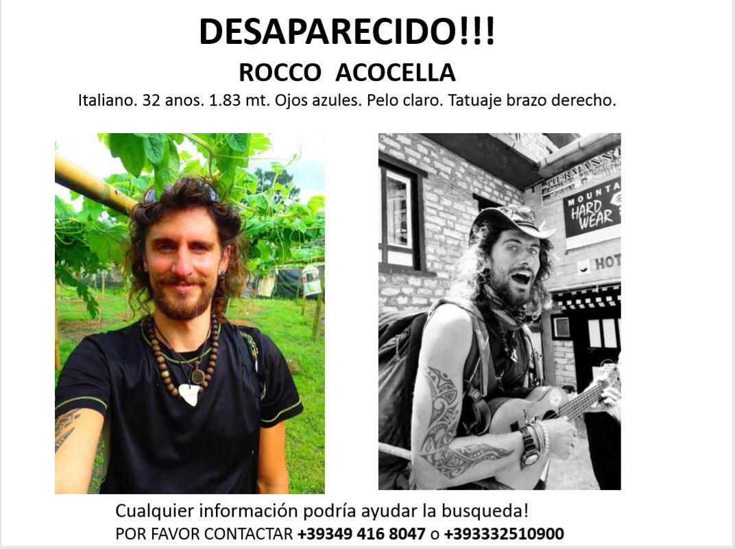 El chico de la foto ha desaparecido, no podemos contactarlo. Se llama #roccoacocella y es #italiano. Por favor escríban a estos numeros si lo ven +39 349 4168047, +39 333 2510900. Mejor si envien una foto y la ubicación. INFO bit.ly/2mIgyBI 
@Region6Policia