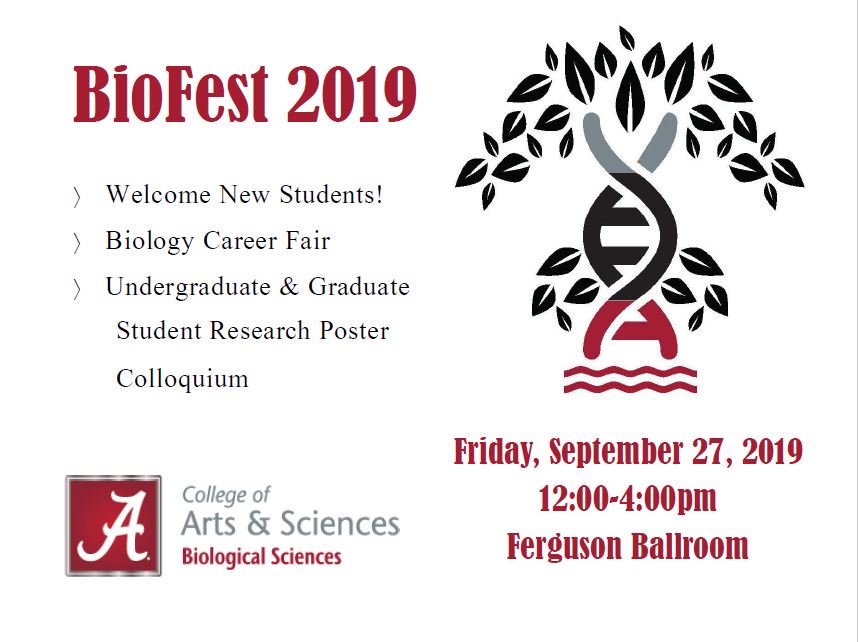 TODAY:

2019 BIOFEST
📅Friday, Sept 27
🏛️Ferguson Ballroom
⏰12-4pm

Welcome New Students, Biology Career Fair, and Undergraduate and Graduate Student Research Poster Colloquium @UA_AS pic.x.com/uS0JADev31